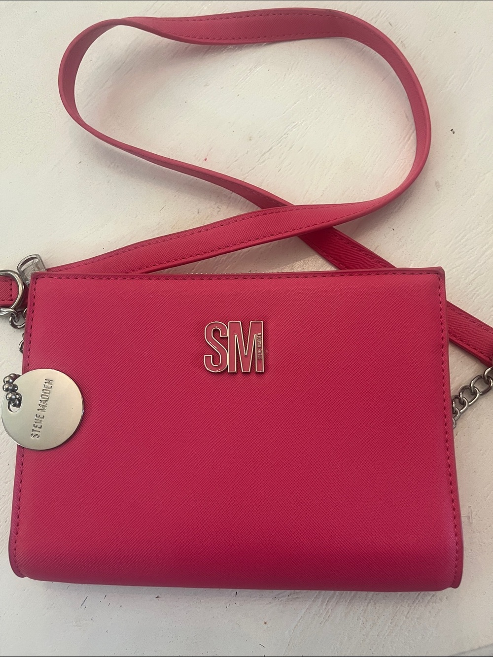 Steve Madden Hot Pink Crossbody Bag with Silver-Tone SM Logo Like New